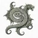 Jörmungandr band on upper forearm bitting onto mjolnar tattoo design idea