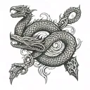Jörmungandr band on upper forearm bitting onto mjolnar tattoo design idea