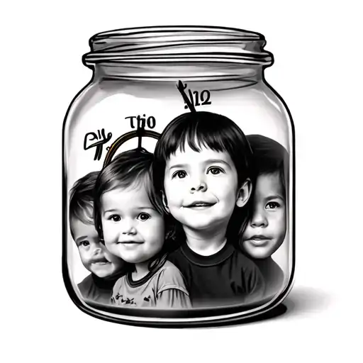 my 5 childrens face inside a time glass jar or a clock tattoo design idea