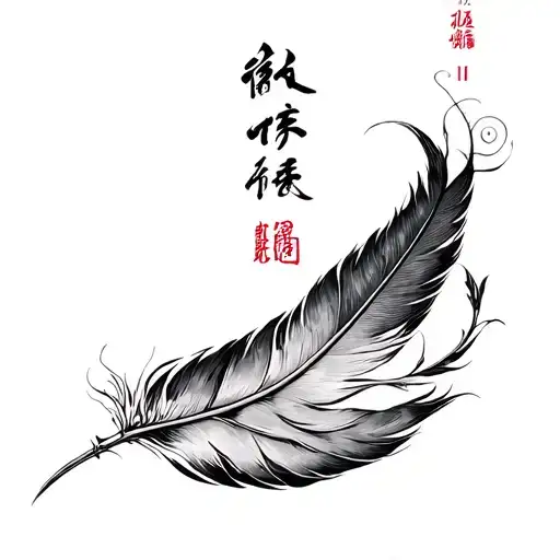 Chinese ink style feather tattoo, SJY cursive calligraphy as main vein, Roman numerals "ⅡⅩⅧ" branching into delicate hai tattoo design idea