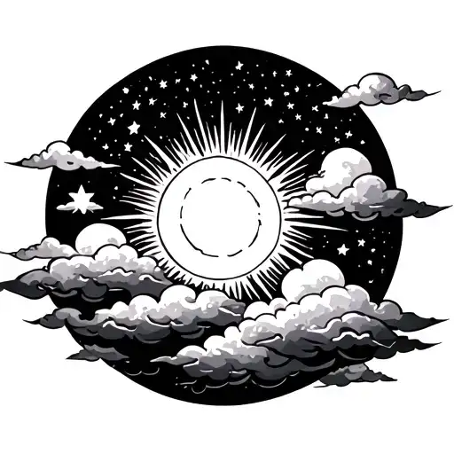 sun shining with clouds below the sun with stars inside the clouds  tattoo design idea