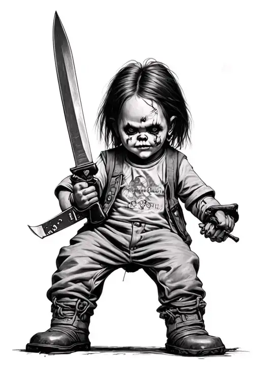 chucky holding a knife with tiffany in it tattoo design idea