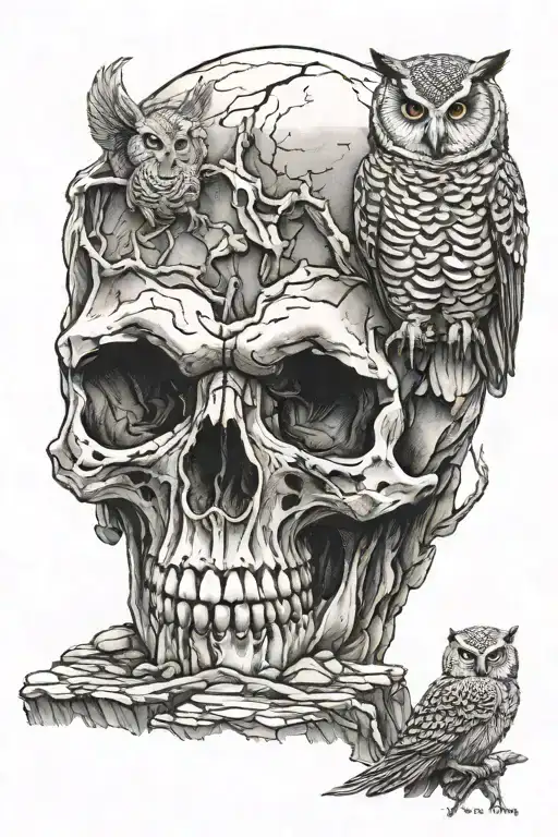skull on a cliff side with owl sitting together tattoo design idea