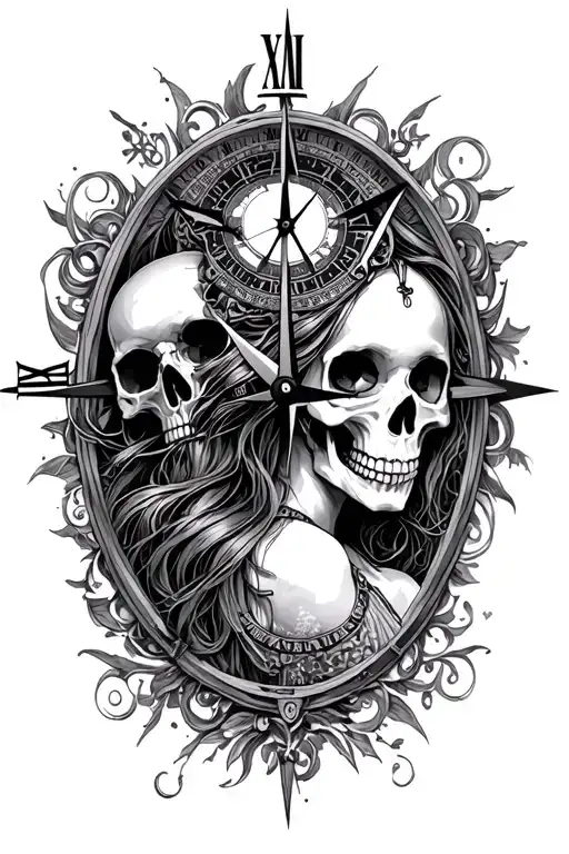 compass clock skulls lady tattoo design idea