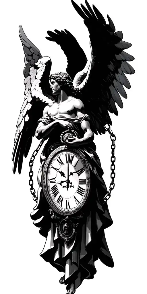 biblical angel over Michael angel over chains and clocks  tattoo design idea
