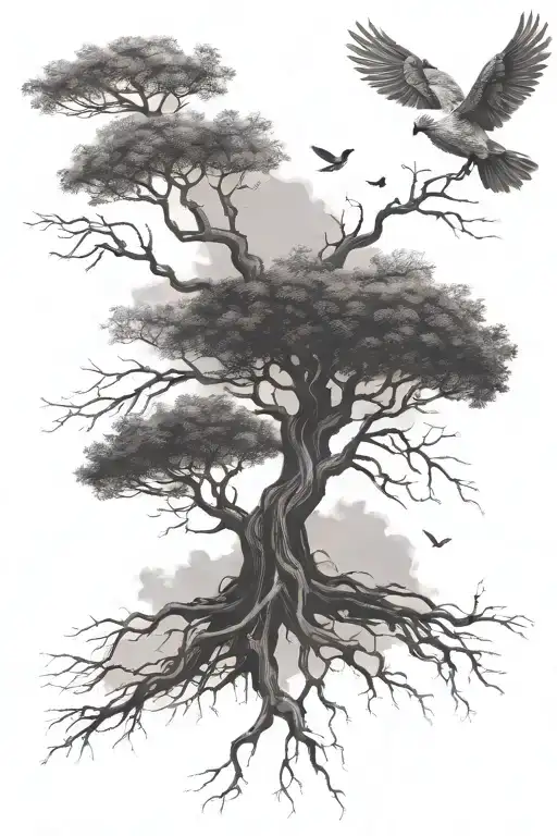 tree branches roots bird flying away Mimoza name written tattoo design idea