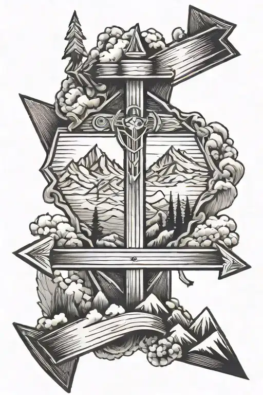 arrow with a cross and mountains  tattoo design idea