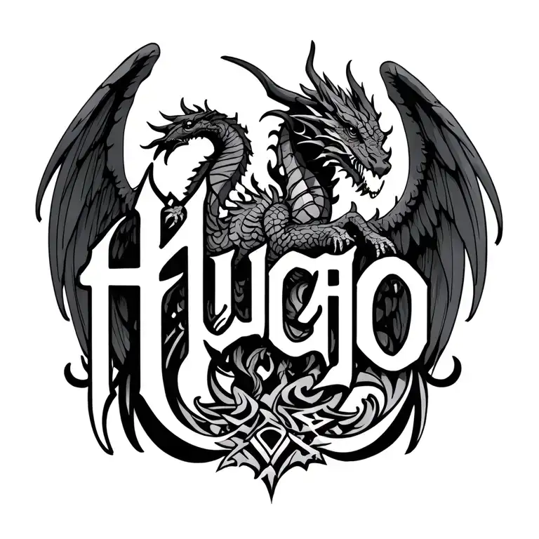 "Hugo" angel and dragon from tribal design between shoulder blades tattoo design idea