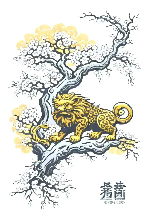 japanese foo dog under tree of life tattoo design idea