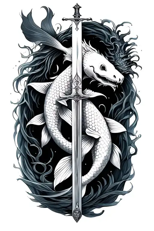 koi fish, sword, twins, dragon, nature, greek style, fine-line tattoo design idea
