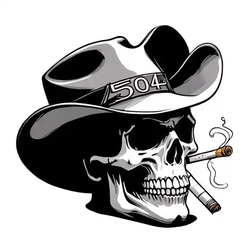 skull smoking a cigerette wearing a cowboy hat that had the 504 on it tattoo design idea