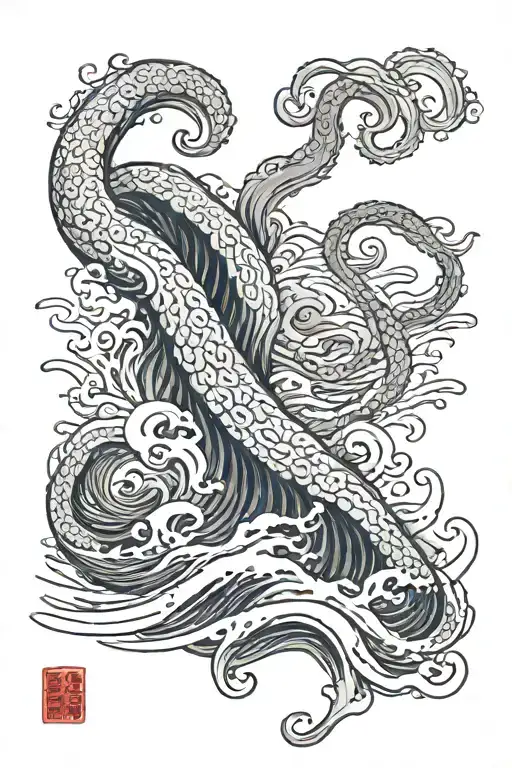 giant squid in deep ocean waves tattoo design idea