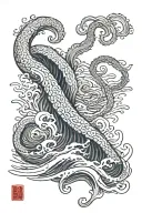 giant squid in deep ocean waves tattoo design idea
