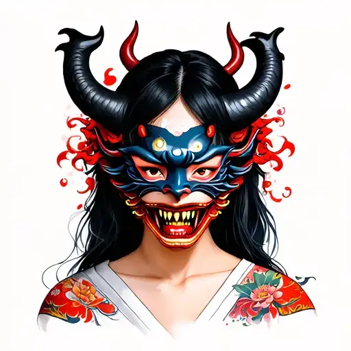 japanese woman with oni demon mask on over mouth only tattoo design idea