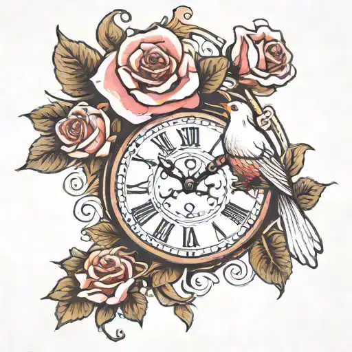 clock with a rose and white bird and 00:00 tattoo design idea