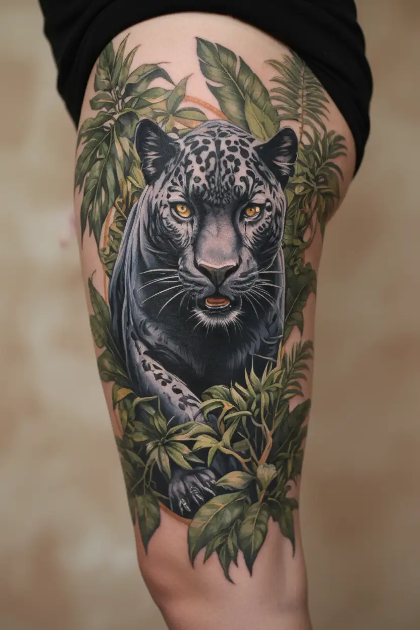 full body black panther in jungle leaves tattoo design idea