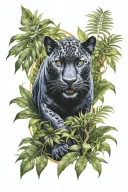 full body black panther in jungle leaves tattoo design idea