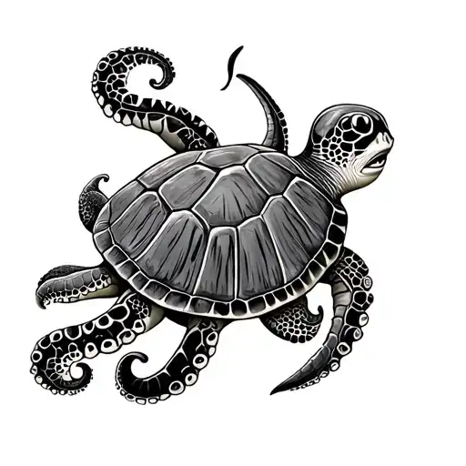 octopus and the sea turtle swimming separated from each other and  tattoo design idea