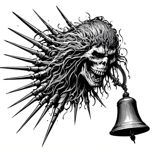 Flesh fallin' off headbangin' in HellHarpies playin' with spikes swingin' at flat black church bells tattoo design idea