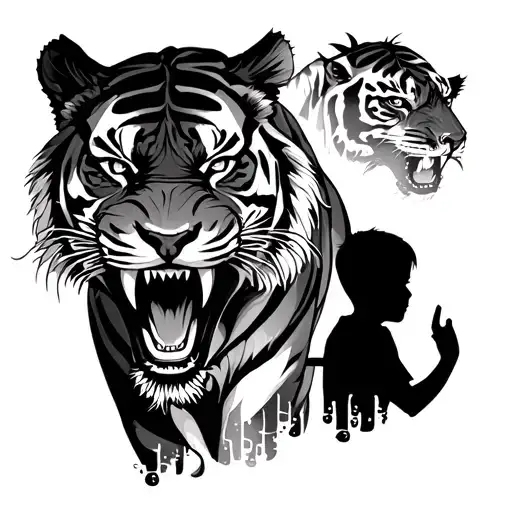 silhouette of a boy against the background of a growling tiger tattoo design idea