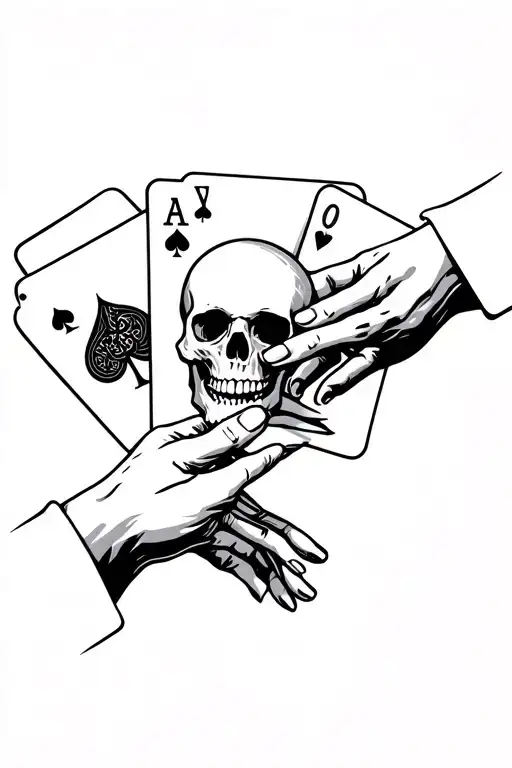 a skull hand holding a ace card while and a real hand reaching for the ace card from the top tattoo design idea
