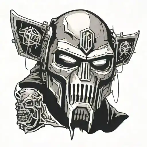 Make me a tattoo that mixes mf doom, retro logo, 80-90 comics, old school rap, I also like the artist basquiat tattoo design idea