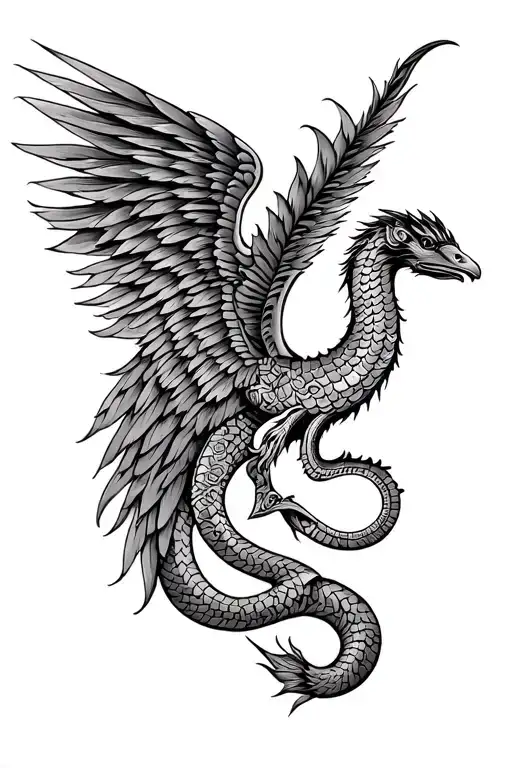 Tattoo design of Quetzalcoatl with 1 wing and aztec designs/symbols. Feathered scales. More serpent than bird. Facing to tattoo design idea