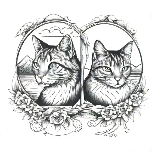 split pair of semi-matching tattoos for a married couple that loves our two cats, mountains and ocean. tattoo design idea