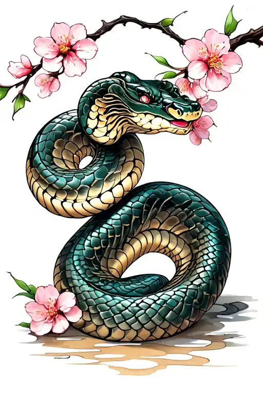 snake with cherry blossoms and wind bars tattoo design idea