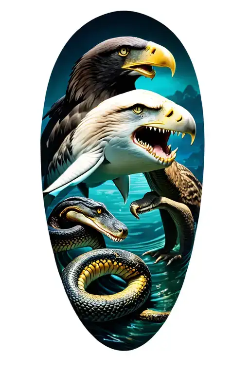 I want a design of 4 animals that are: a white shark, an eagle, a crocodile and a snake tattoo design idea