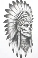 aztec warrior girl, skeletal fierce face, crown skull, geometric patterns feathers, spirituality, afterlife, death tattoo design idea