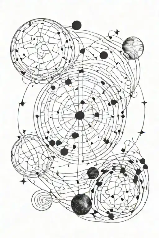 The planet Venus is in front of a full moon, surrounded by traces of constellations  tattoo design idea