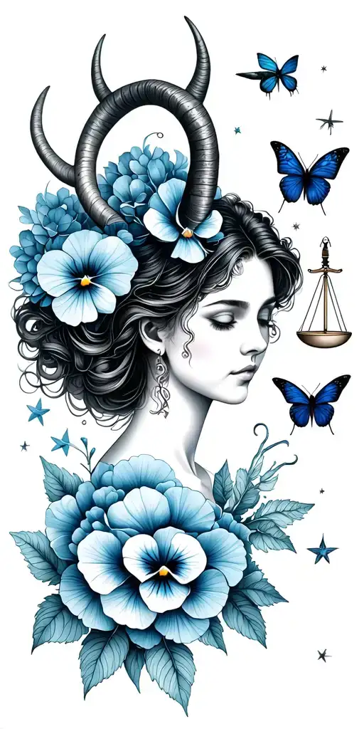 Capricorn woman with horns, LIBRA SCALES, pansy flower, butterfly, dragon flies, large beetle, hydrangea petals, stars tattoo design idea