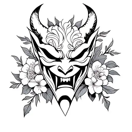 oni mask wrapped in flowers tattoo design idea