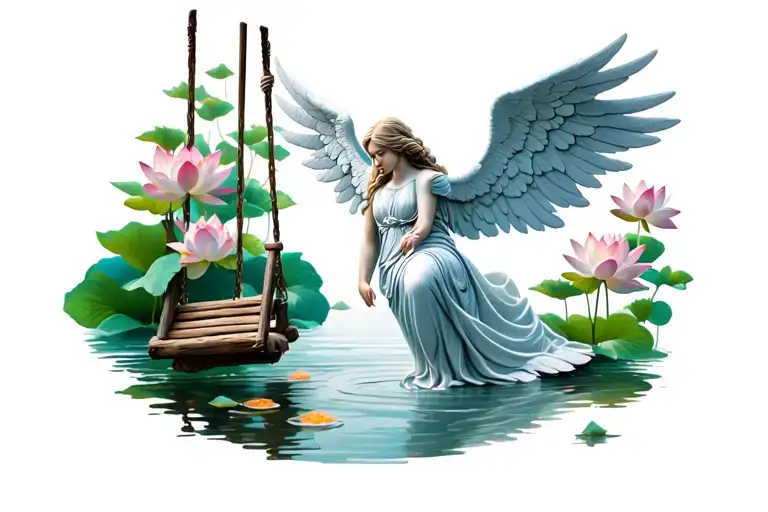 weeping angel swinging on wooden swing looking down at water which has lotus flowers tattoo design idea