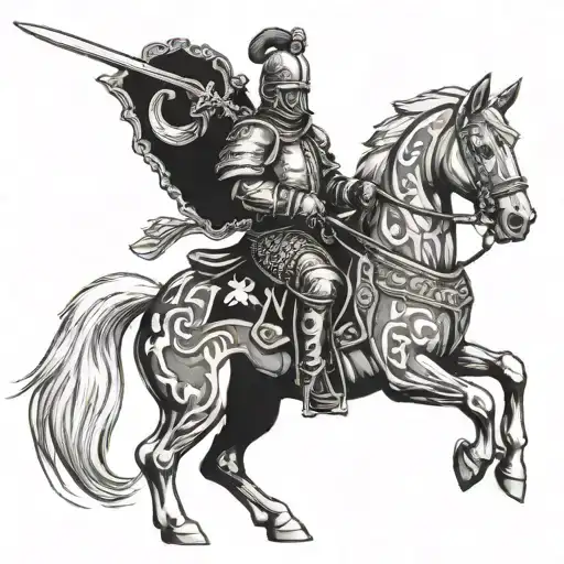 polish hussar on a horse holding a sword in black and white tattoo design idea