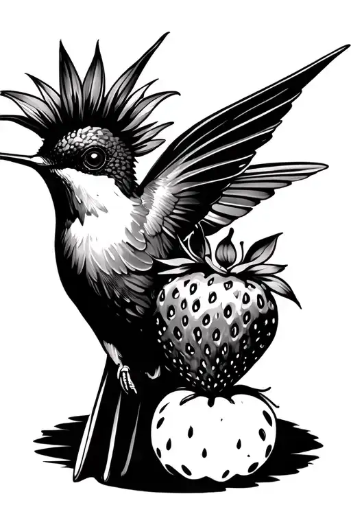 humming bird with strawberry  tattoo design idea