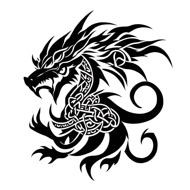 triune tribal Shinto Celtic guardian beast warrior tattoo design idea