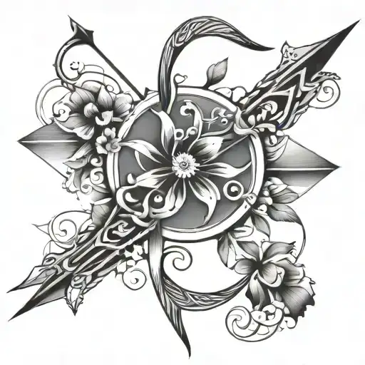 create a tattoo design for forearm full long arrow and bow tattoo with Desai and Devi names along with it single hand tattoo design idea