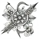 create a tattoo design for forearm full long arrow and bow tattoo with Desai and Devi names along with it single hand tattoo design idea