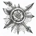 create a tattoo design for forearm full long arrow and bow tattoo with Desai and Devi names along with it single hand tattoo design idea