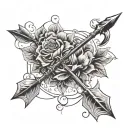 create a tattoo design for forearm full long arrow and bow tattoo with Desai and Devi names along with it single hand tattoo design idea