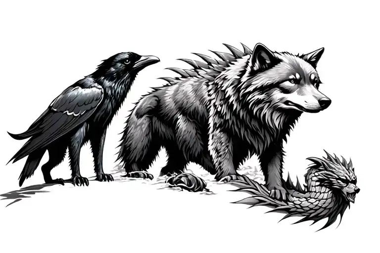 wolf next to raven next to bear next to puma next to dragon tattoo design idea