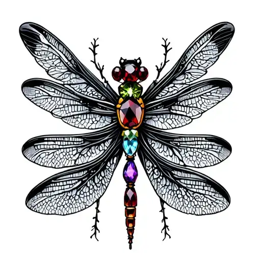 garnet, peridot, Sapphire and aquamarine in dragonfly wings tattoo design idea