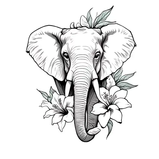 elephant head and trunk with lilies and hibiscus flowers on forearm  tattoo design idea