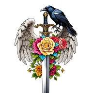 Angel wings behind a sword with a raven on top of the hilt with different colored roses  tattoo design idea