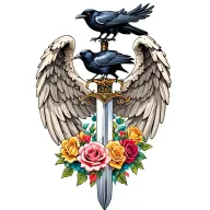 Angel wings behind a sword with a raven on top of the hilt with different colored roses  tattoo design idea