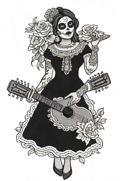 Day of the dead female mariachi singer white flowers tattoo design idea