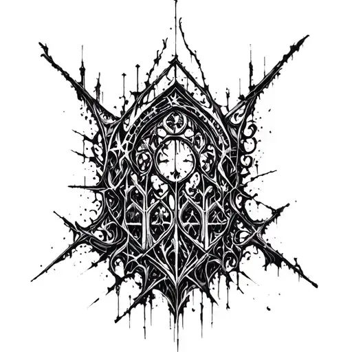 Chaotic blackwork tattoo with abstract gothic architecture, corrupted medieval ornament, fragmented text, dark fine line tattoo design idea