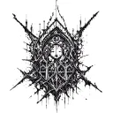 Chaotic blackwork tattoo with abstract gothic architecture, corrupted medieval ornament, fragmented text, dark fine line tattoo design idea